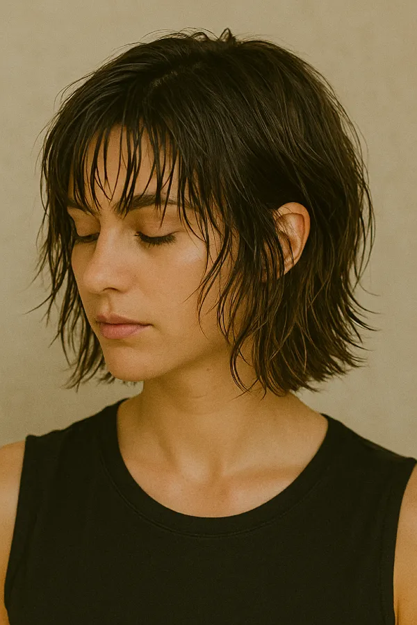 Modern tépett frizura „wet look” hatással