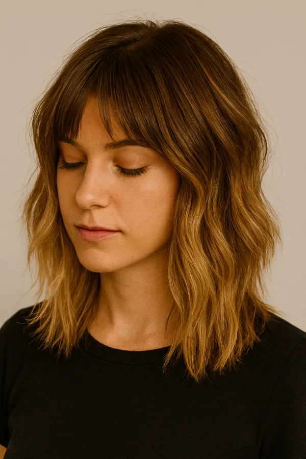 Tépett váll alá érő frizura balayage-al